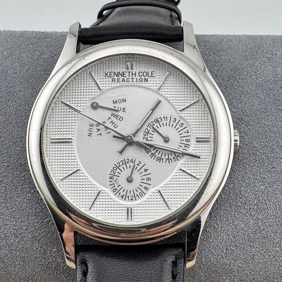 Kenneth Cole Silver Tone Black Leather Quartz Watch - Picture 1 of 10